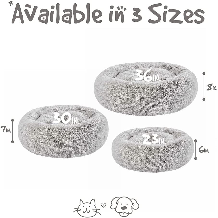 Faux Fur Calming Dog Bed for Small Dogs, Soft Plush Anti-Anxiety Pet Couch, Machine Washable with Non-Slip Bottom, 23" x 23" x 6", Grey