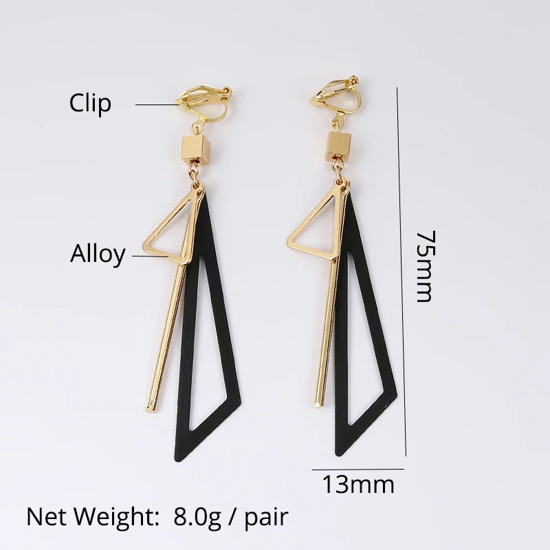 Korean-Inspired Triangle Geometric Clip-On Earrings with Tassel for Women - Retro Fashion Jewelry