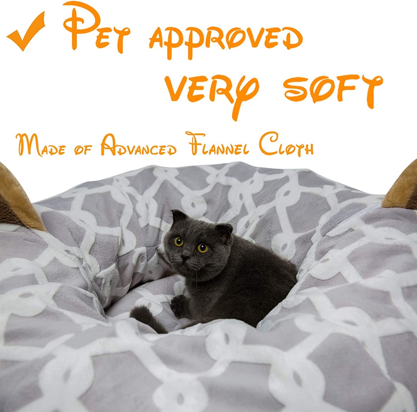 Large Cat Tunnel Bed with Plush Cover, Fluffy Toy Balls, and Small Cushion - 10 Inch Diameter, 3 Ft Length - Ideal for Cats and Small Dogs, Gray Geometric Design