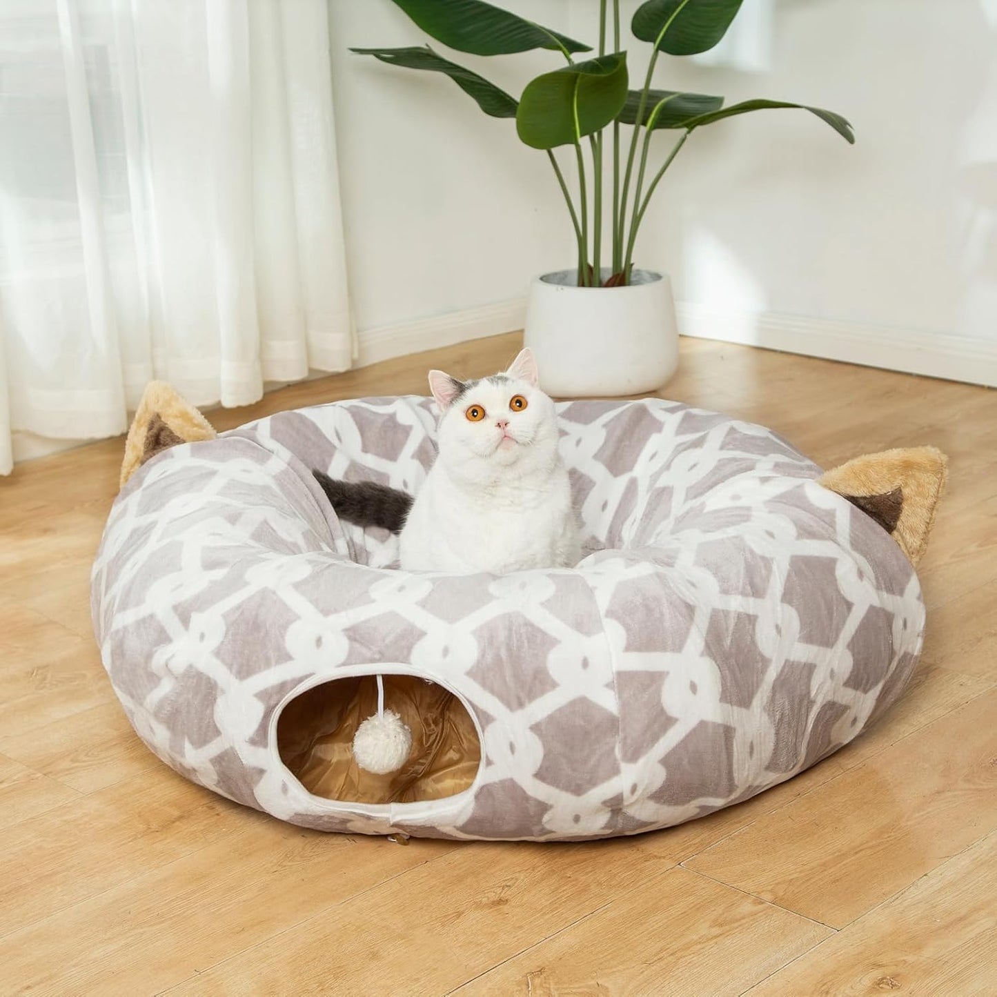 Large Cat Tunnel Bed with Plush Cover, Fluffy Toy Balls, and Small Cushion - 10 Inch Diameter, 3 Ft Length - Ideal for Cats and Small Dogs, Gray Geometric Design