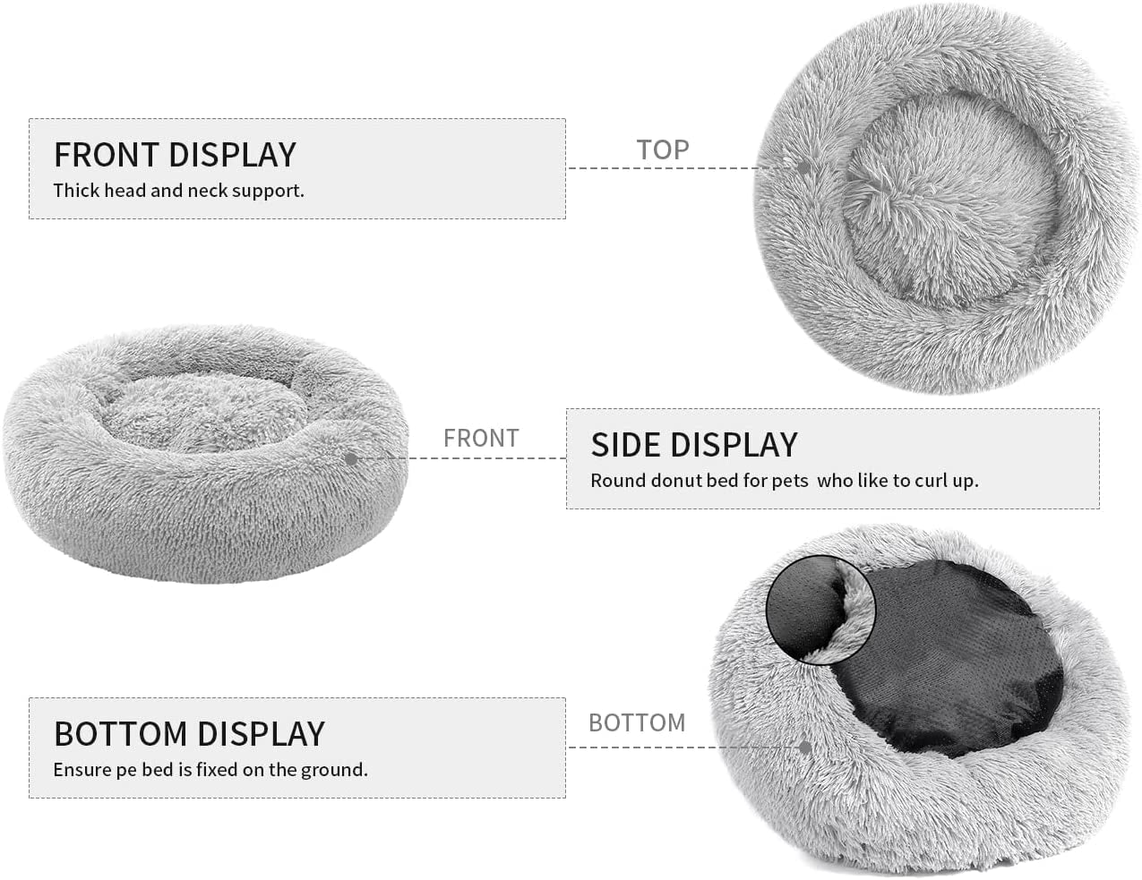 Anti-Anxiety Round Plush Cat and Dog Bed - Cozy, Machine Washable, 20x20 Inch, Grey