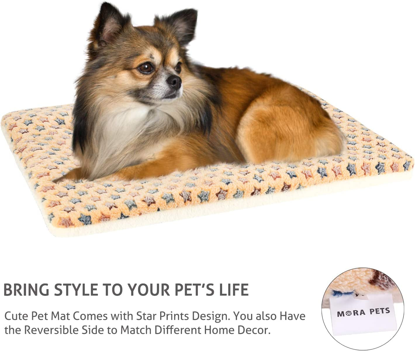 Ultra Soft Dog Crate Pad with Star Print - Washable Reversible Fleece Bed for Dogs and Cats, 21 x 12 Inch, Brown