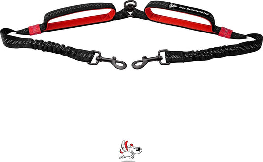 Premium Dual Dog Leash Coupler with Tangle-Free Swivel for Walking Two Medium Dogs - Black & Red