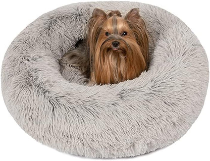 Faux Fur Calming Dog Bed for Small Dogs, Soft Plush Anti-Anxiety Pet Couch, Machine Washable with Non-Slip Bottom, 23" x 23" x 6", Grey