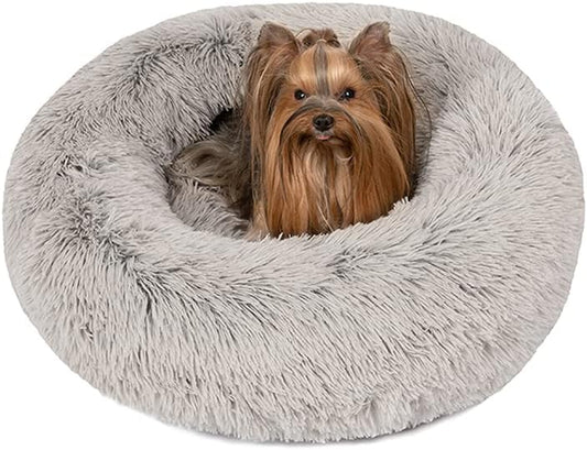 Faux Fur Calming Dog Bed for Small Dogs, Soft Plush Anti-Anxiety Pet Couch, Machine Washable with Non-Slip Bottom, 23" x 23" x 6", Grey