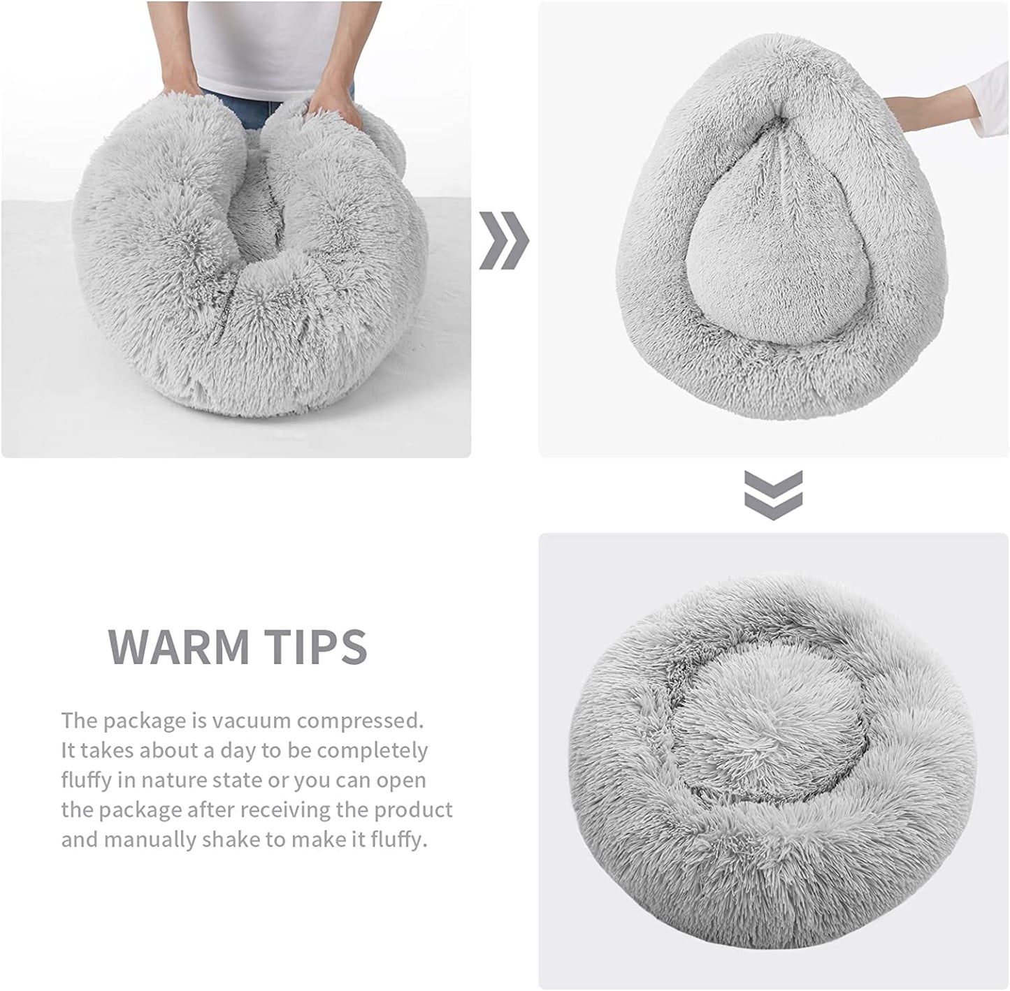 Anti-Anxiety Round Plush Cat and Dog Bed - Cozy, Machine Washable, 20x20 Inch, Grey