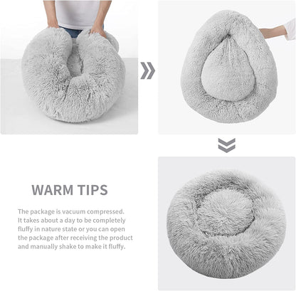 Anti-Anxiety Round Plush Cat and Dog Bed - Cozy, Machine Washable, 20x20 Inch, Grey