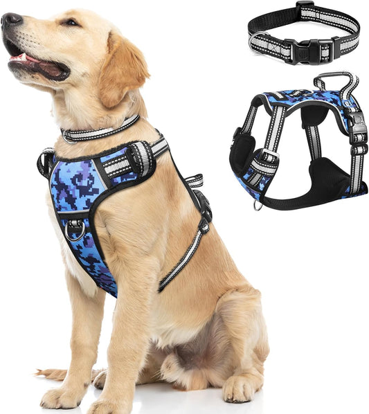 No-Pull Dog Harness with Adjustable Reflective Oxford Vest and Collar, Front/Back Leash Clips for All Dog Sizes, Easy Control Handle for Walking