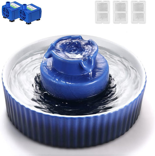 Ceramic Pet Water Fountain, 2.1L Capacity for Dogs and Cats, Includes 3 Carbon Filters and 2 Pumps (Dark Blue)