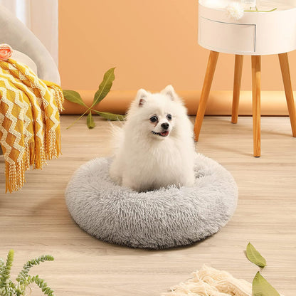 Anti-Anxiety Round Plush Cat and Dog Bed - Cozy, Machine Washable, 20x20 Inch, Grey