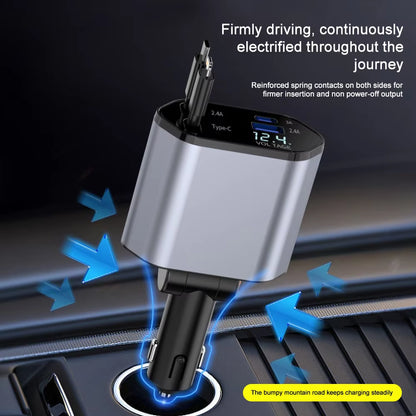 120W Super Fast Car Charger with Telescopic 4-in-1 Cable and Dual USB Ports, Compatible with Various Devices