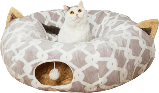 Large Cat Tunnel Bed with Plush Cover, Fluffy Toy Balls, and Small Cushion - 10 Inch Diameter, 3 Ft Length - Ideal for Cats and Small Dogs, Gray Geometric Design