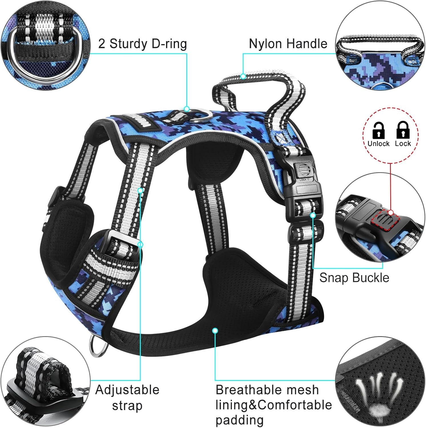 No-Pull Dog Harness with Adjustable Reflective Oxford Vest and Collar, Front/Back Leash Clips for All Dog Sizes, Easy Control Handle for Walking
