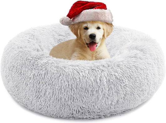 Anti-Anxiety Round Plush Cat and Dog Bed - Cozy, Machine Washable, 20x20 Inch, Grey