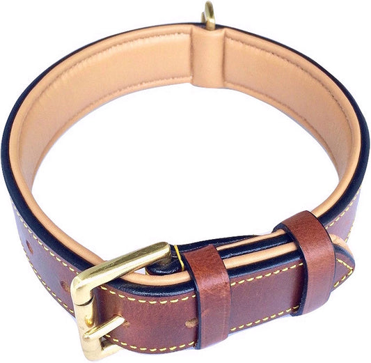 Premium Genuine Leather Padded Dog Collar - Large Brown, 24" Length x 1.5" Width, Fits Neck Sizes 18" to 21
