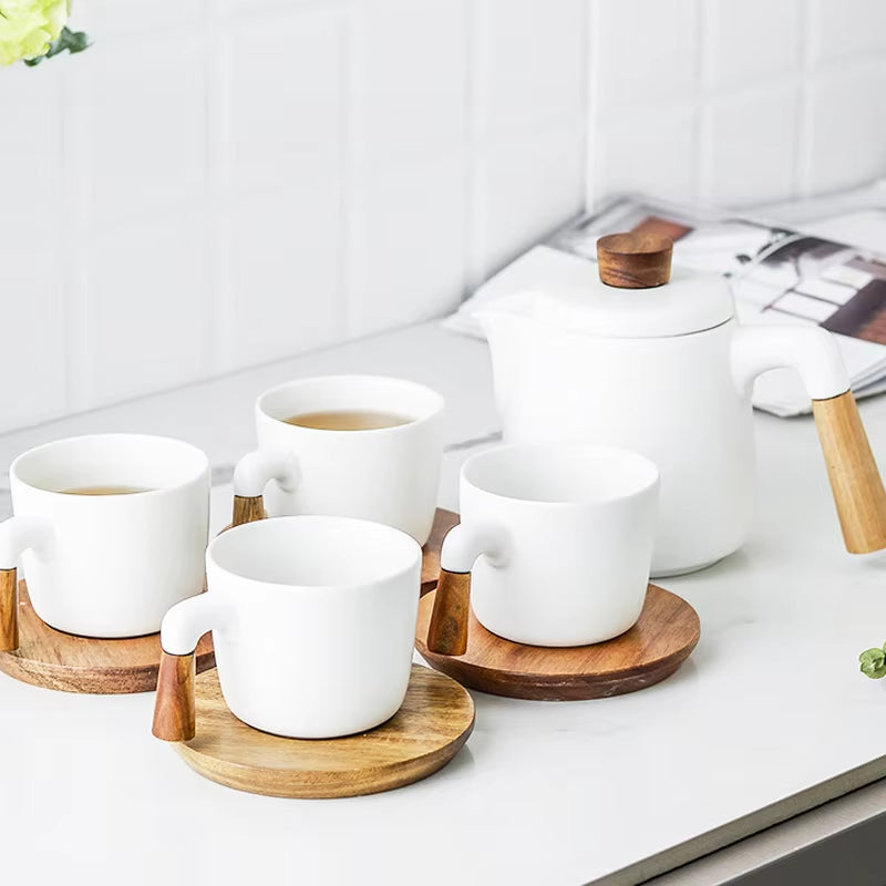 Japanese-Inspired Ceramic Tea Set with Wooden Handle and High Borosilicate Glass Teapot - Heat Resistant and Transparent