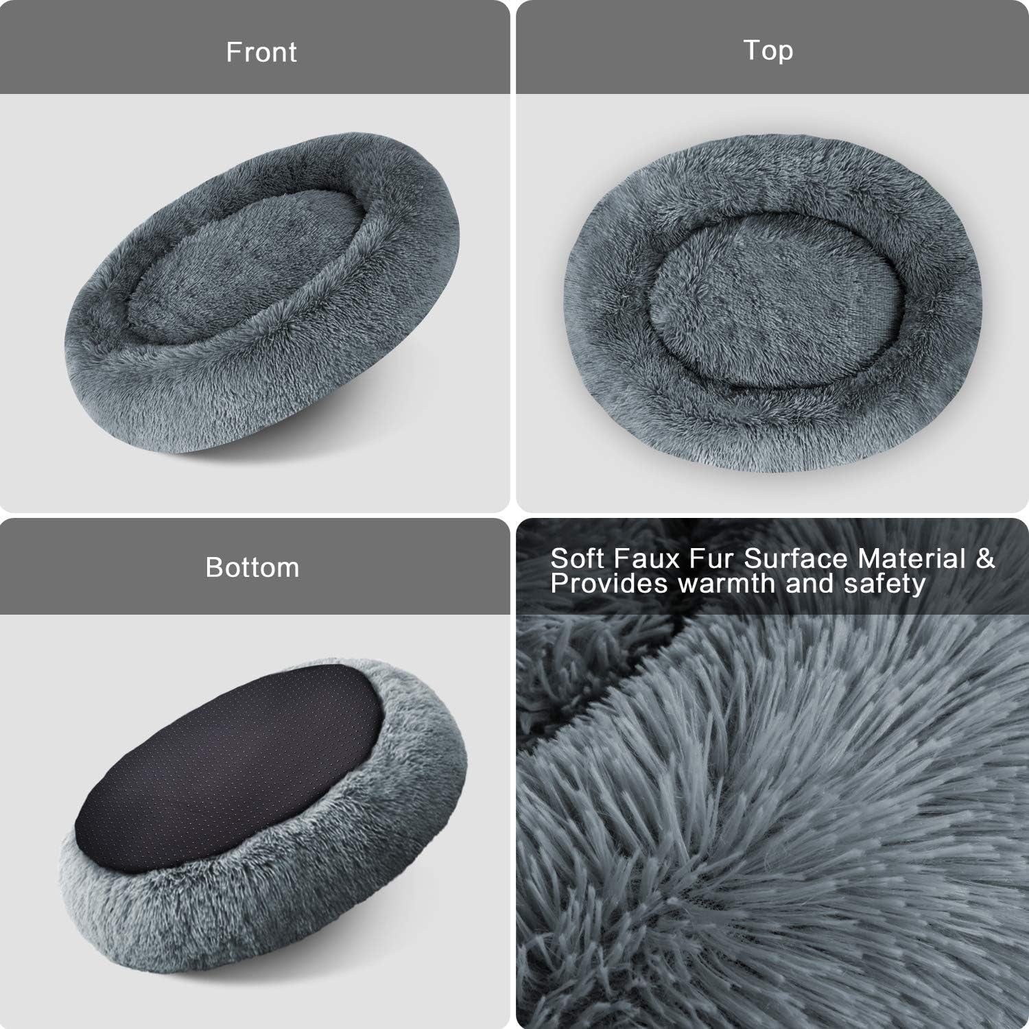Cuddler Dog Bed with Soft Faux Fur Surface, Machine Washable Donut Pillow Design, Non-Slip Base, and Elegant Edging