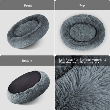 Cuddler Dog Bed with Soft Faux Fur Surface, Machine Washable Donut Pillow Design, Non-Slip Base, and Elegant Edging