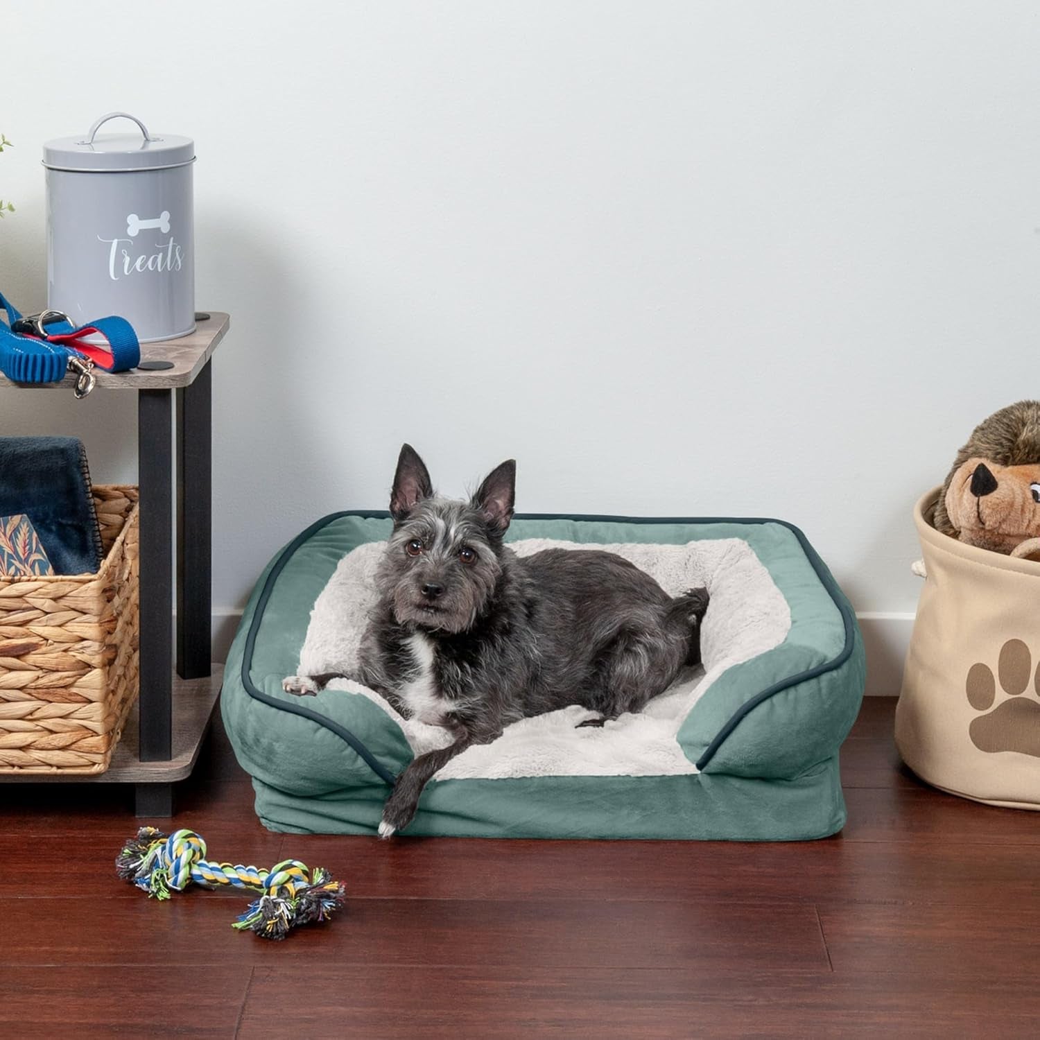 Orthopedic Small Dog Bed with Removable Bolsters and Washable Cover for Dogs Up to 20 lbs - Plush Velvet Waves in Celadon Green