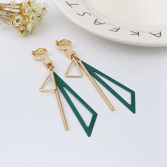 Korean-Inspired Triangle Geometric Clip-On Earrings with Tassel for Women - Retro Fashion Jewelry