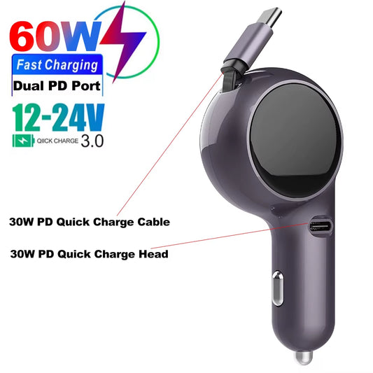 120W Super Fast Car Charger with Telescopic 4-in-1 Cable and Dual USB Ports, Compatible with Various Devices