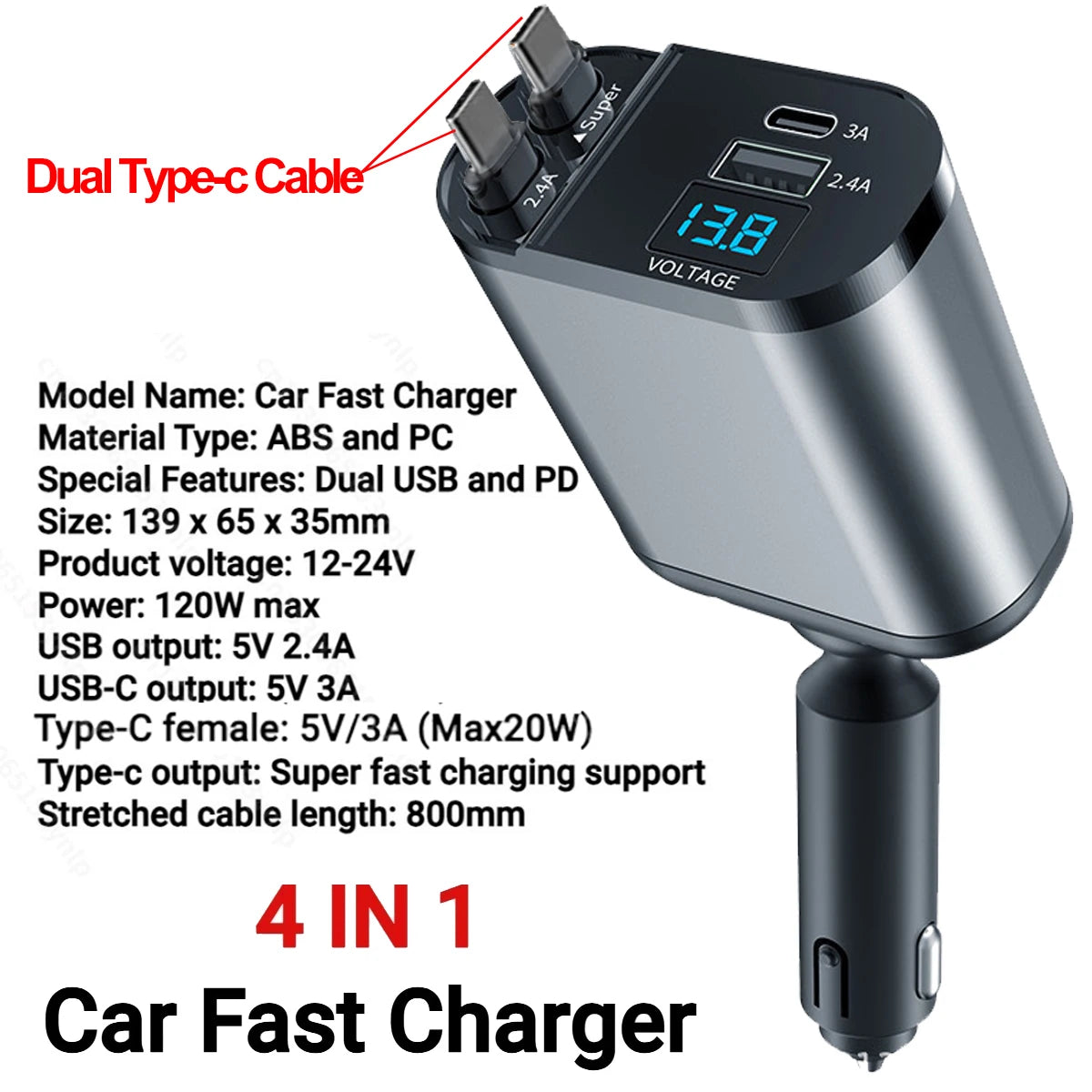 120W Super Fast Car Charger with Telescopic 4-in-1 Cable and Dual USB Ports, Compatible with Various Devices