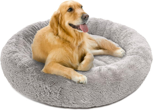 Large Faux Fur Donut Dog Bed - Calming Plush Sofa for Dogs, Machine Washable with Non-Slip Bottom, 36" x 36" x 8", Grey
