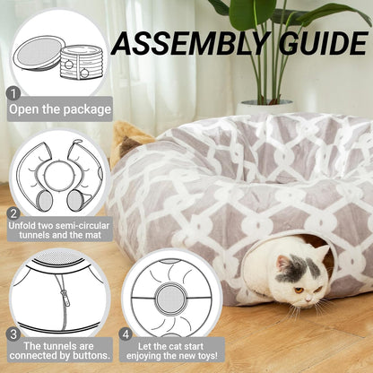 Large Cat Tunnel Bed with Plush Cover, Fluffy Toy Balls, and Small Cushion - 10 Inch Diameter, 3 Ft Length - Ideal for Cats and Small Dogs, Gray Geometric Design