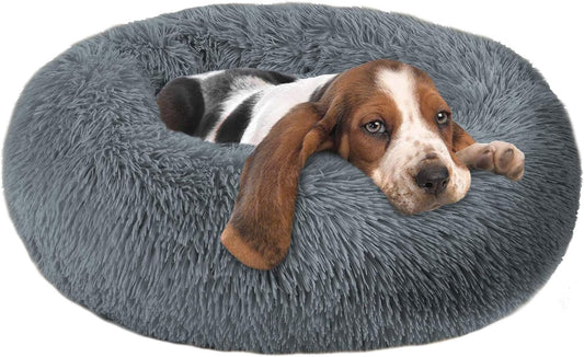 Cuddler Dog Bed with Soft Faux Fur Surface, Machine Washable Donut Pillow Design, Non-Slip Base, and Elegant Edging