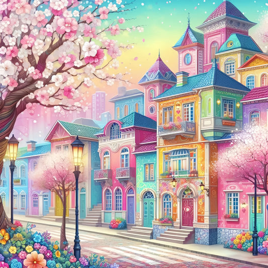 5D DIY Diamond Mosaic Art Kit - Pink Scenery House Street Painting - Complete Embroidery Set for Women - Ideal Gift for 2024
