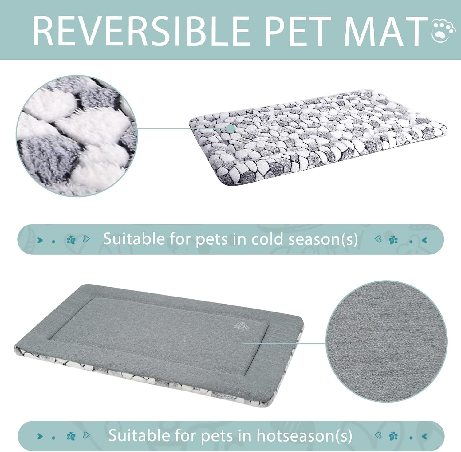 Reversible Dog Crate Pad Bed Mat (Warm & Cool) - Soft, Machine Washable Sleeping Mat for Small to XX-Large Dogs and Cats, Grey Stone Pattern