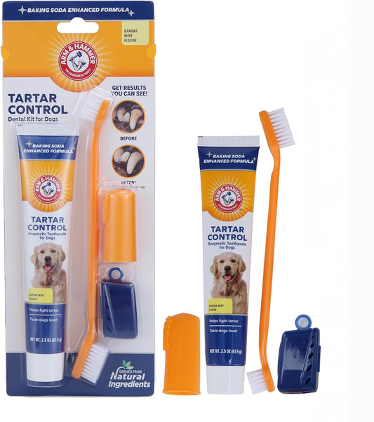 Tartar Control Kit for Dogs - 3-Piece Set with Toothpaste, Toothbrush, and Fingerbrush in Banana Mint Flavor, Reduces Plaque and Tartar Buildup