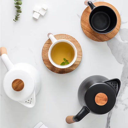 Japanese-Inspired Ceramic Tea Set with Wooden Handle and High Borosilicate Glass Teapot - Heat Resistant and Transparent