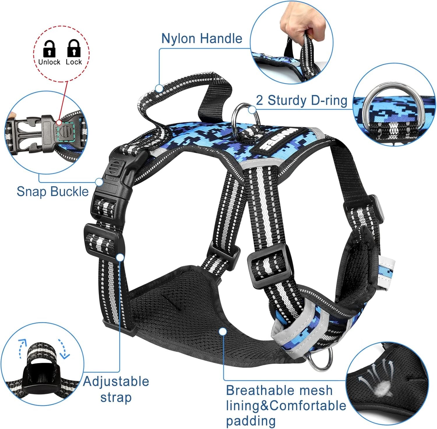 No-Pull Dog Harness with Adjustable Reflective Oxford Vest and Collar, Front/Back Leash Clips for All Dog Sizes, Easy Control Handle for Walking