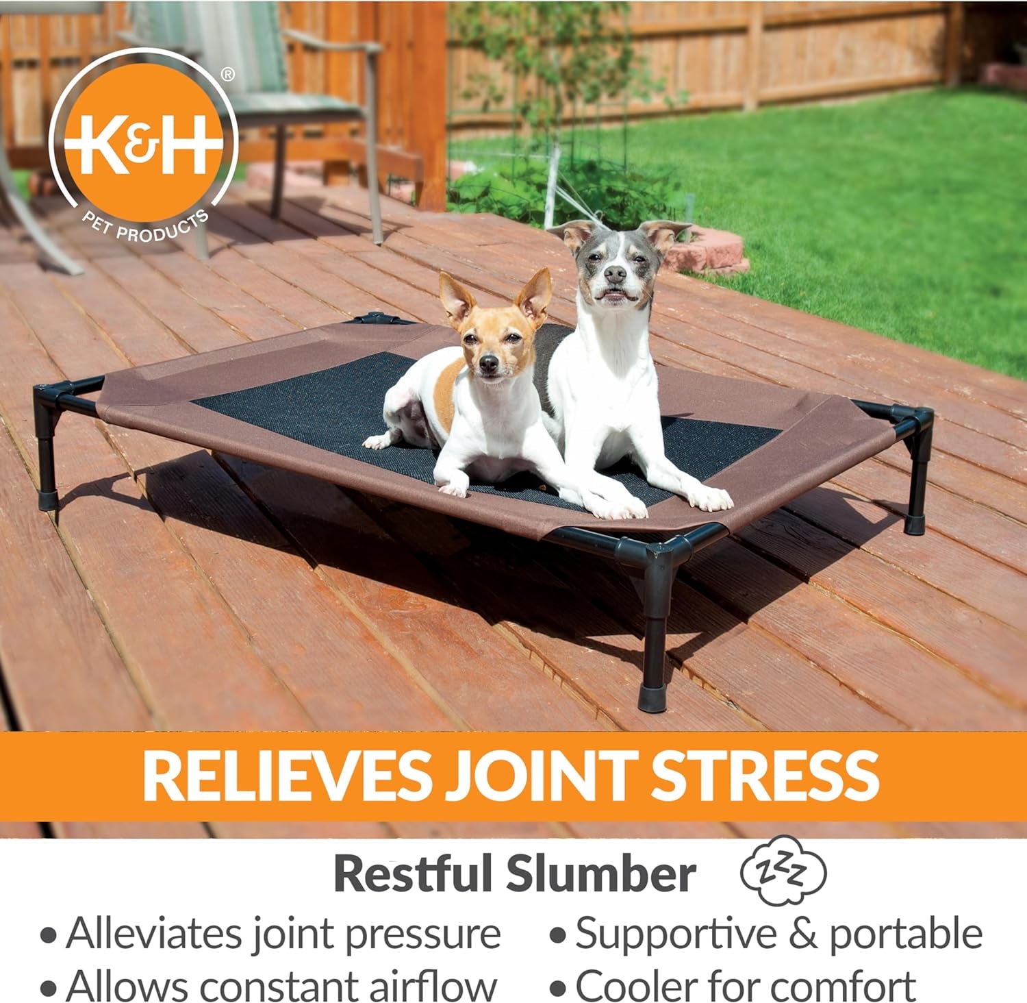 Elevated Outdoor Dog Cot - Breathable Cooling Hammock Pet Bed for Large Dogs, Washable Mesh Cover, Collapsible Portable Design, 42 x 30 In, Chocolate